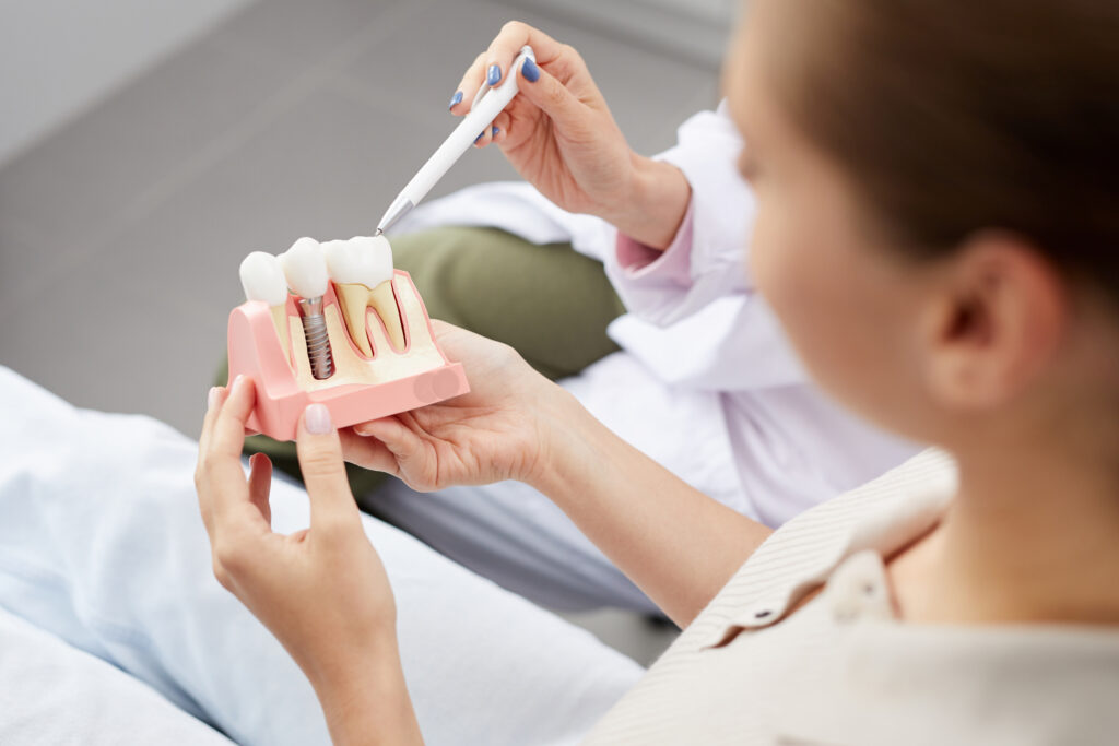 High angle view of unrecognizable young woman holding tooth implants model during consultation in dentists office.